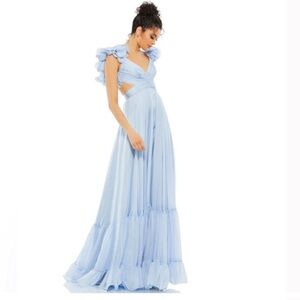 MAC DUGGAL RUFFLE TIERED CUT-OUT CHIFFON GOWN Powder Blue - Size 10